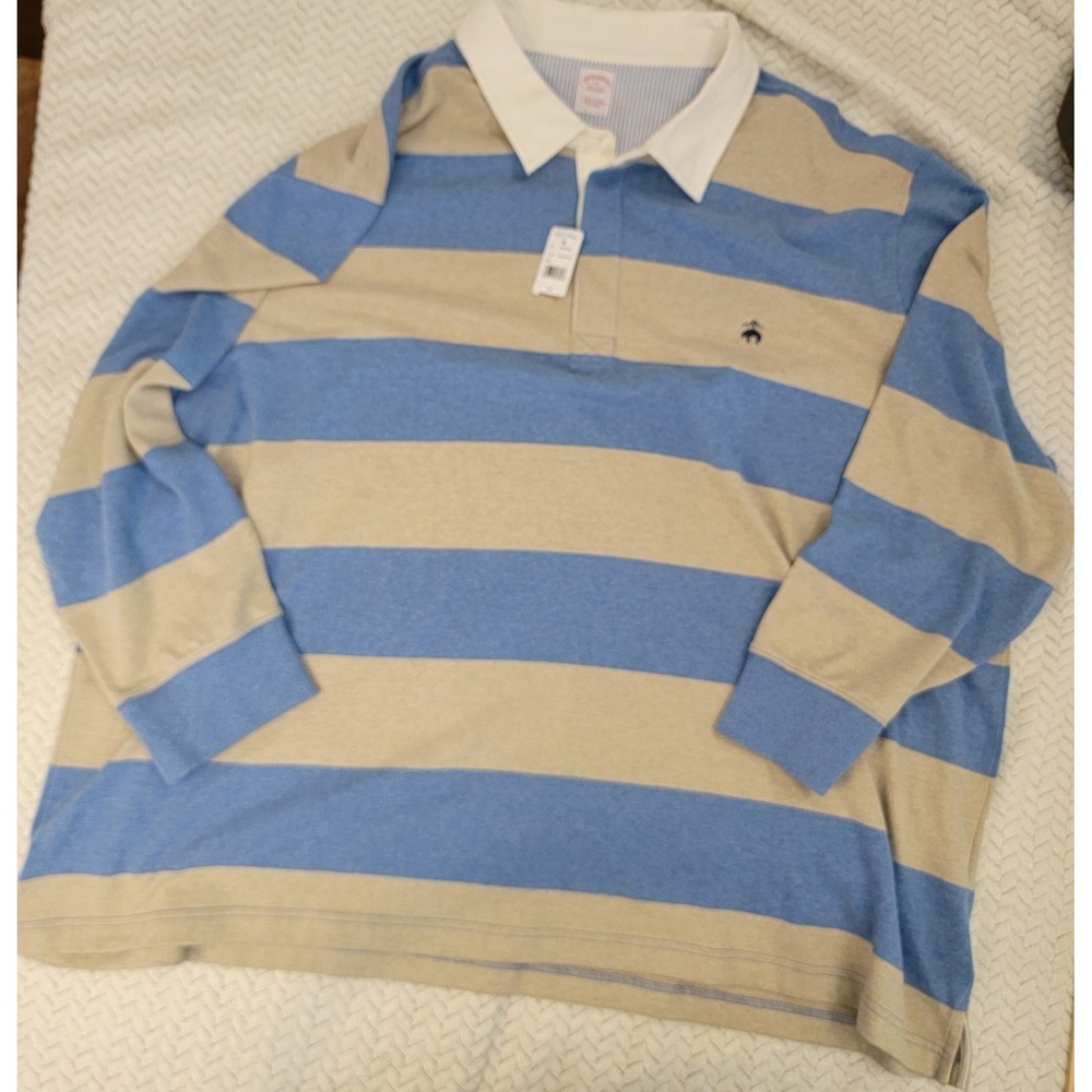 Brooks Brothers Rugby Shirt Mens SZ 5XL Lite Blue Beige Long Sleeve Cotton *NWT